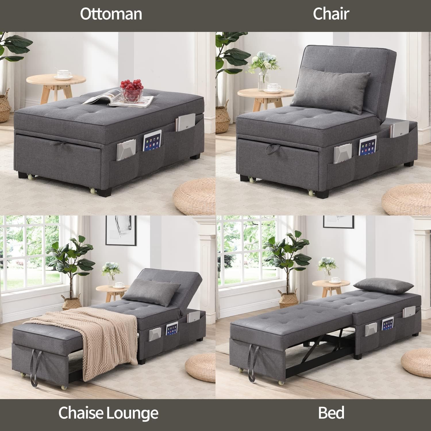 Cynefin Futon Chair with Lumbar Pillow and 3 Side Pockets, Sofa Bed Chair, Convertible 4 in 1 Ottoman Bed Tufted Fabric Gray (M, Gray)