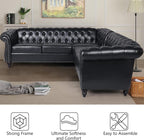 QHITTY L-Shaped Sofa, Sectional Chesterfield Leather Couch 5-Seater Upholstered Small Accent Tufted Sofa with Rolled Armrest and Nailhead Design for Living Room, Apartment, Office (Black)