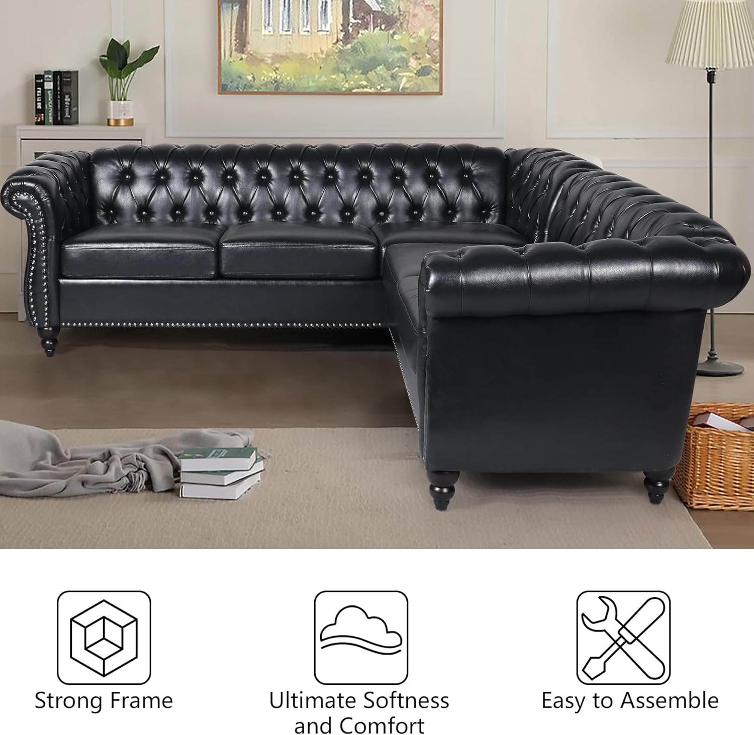 QHITTY L-Shaped Sofa, Sectional Chesterfield Leather Couch 5-Seater Upholstered Small Accent Tufted Sofa with Rolled Armrest and Nailhead Design for Living Room, Apartment, Office (Black)