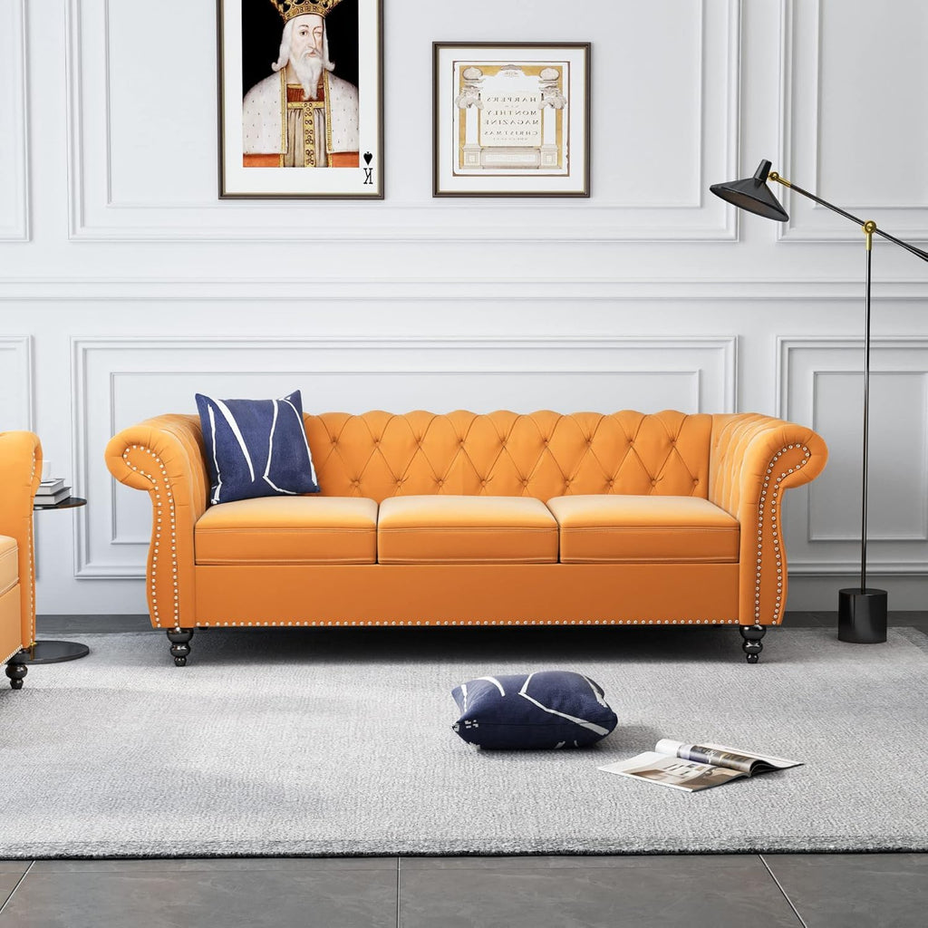 Chesterfield 3 Seater Sofa, Modern Leather Tufted Couch 3 Seater with Rolled Arms and Nailhead Mid-Century Upholstered Couch for Living Room, Bedroom, Apartment and Office, Claret