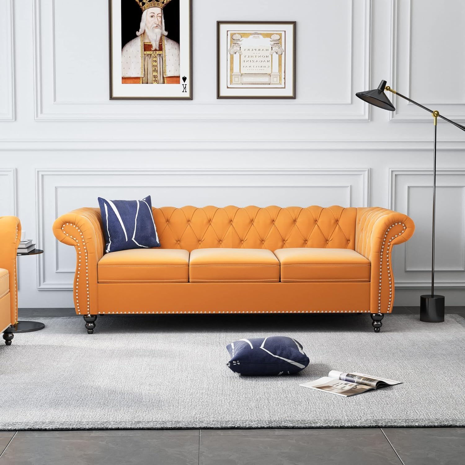 Chesterfield 3 Seater Sofa, Modern Leather Tufted Couch 3 Seater with Rolled Arms and Nailhead Mid-Century Upholstered Couch for Living Room, Bedroom, Apartment and Office, Claret