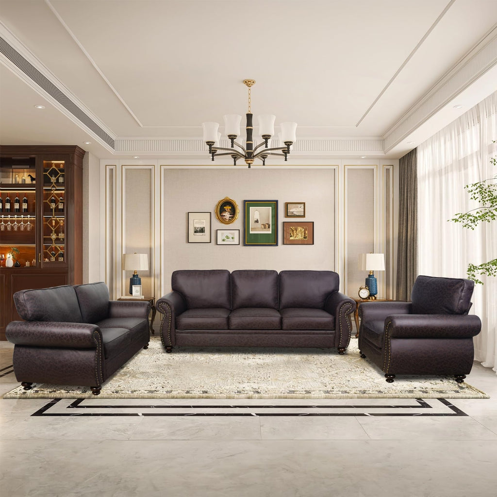 Mid-Century Vintage Sofa Couches with Rivet Design,loveseat Sofa,Removable Sofa Cover Upholstered Cushions and Solid Wood Frame (Grey, 3-Seater)