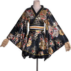 Womens Sexy Short Kimono Dress Floral Print Japanese Traditional Geisha Yukata Robe Bathrobe Skirt Belt Outfit (D05-Black, One Size)