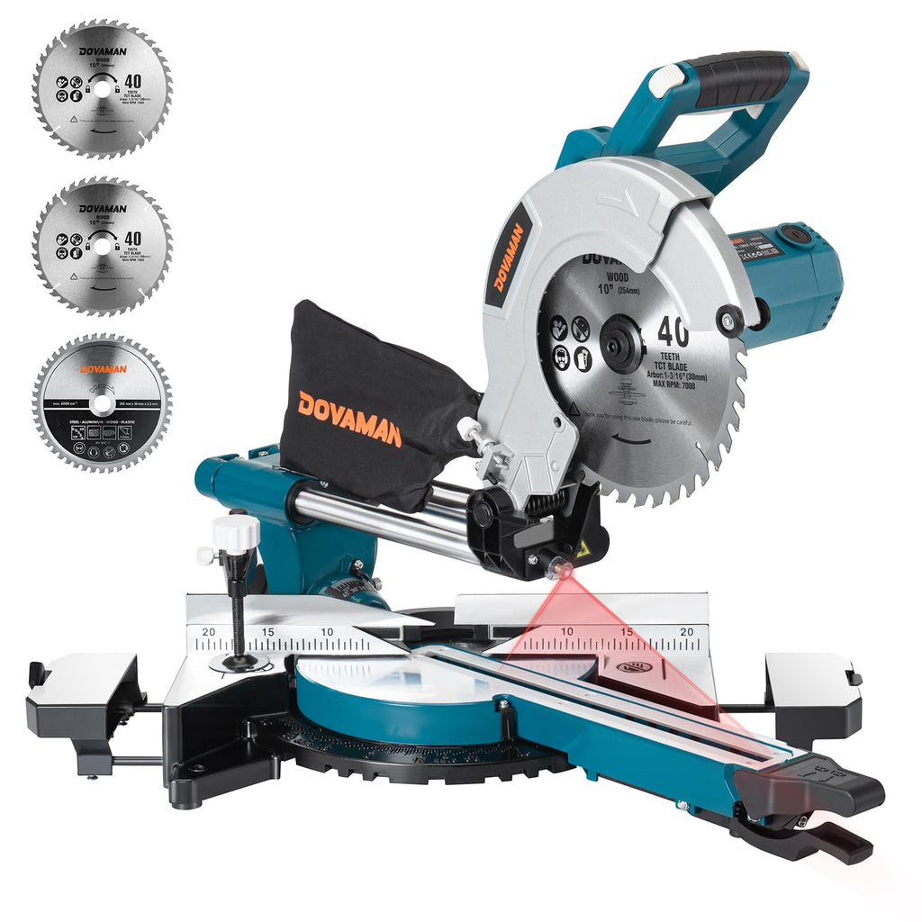 DOVAMAN Updated 10-Inch Sliding Miter Saw, Multi-Material Cutting w/ 3 x TCT Blades, Ambidextrous Operation, 5000/3200RPM Speed, Laser Guide, 0-45° Bevel Cut, Max Cut 3.5x13.4in, 9 Positive Stops