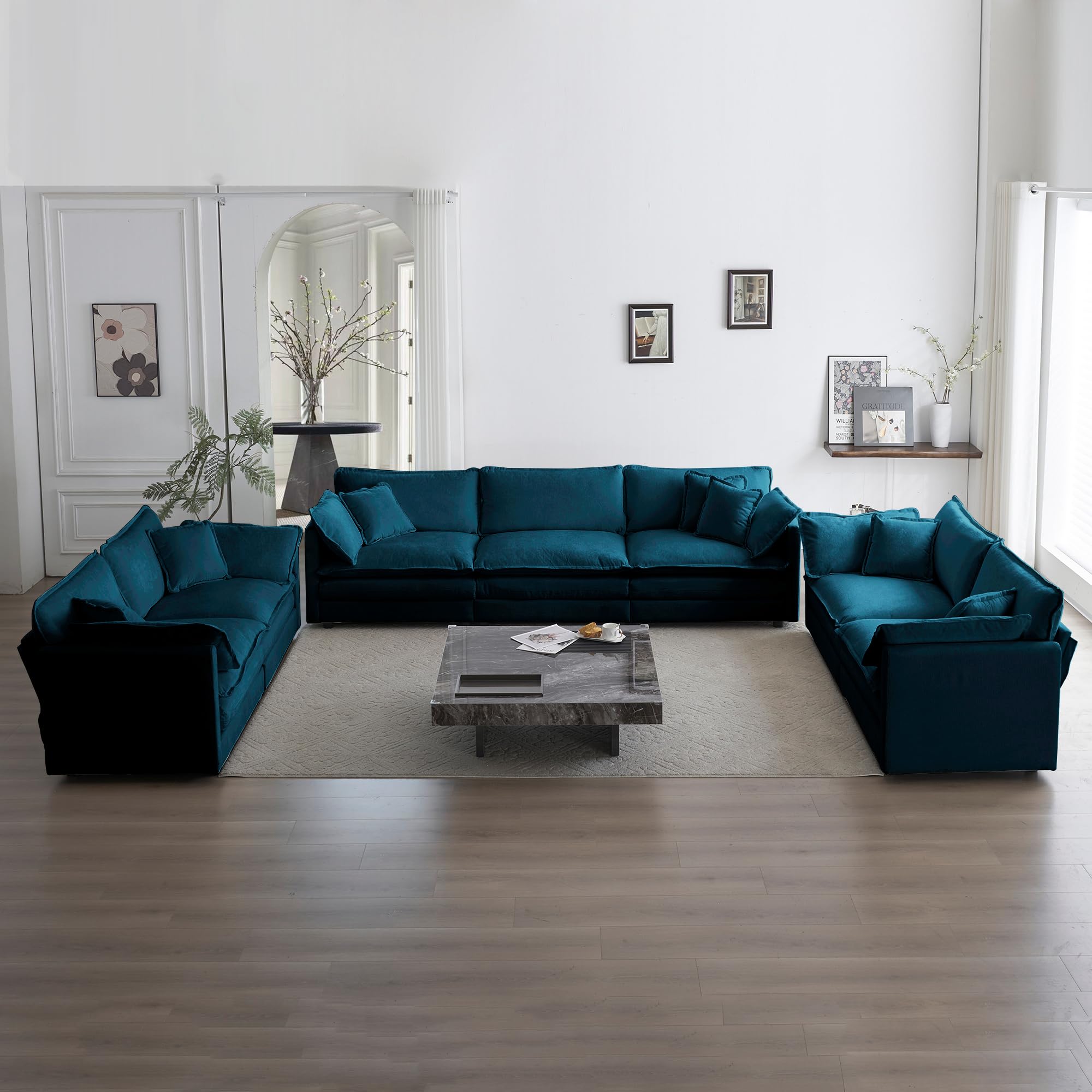 Ball & Cast 1+1+3 Seater Chenille Sofa Set for Living Room,3 Pieces Sectioanal Couch with Thick Backrest,Deep Seat Sofa for Apartment Studio Office,Blue