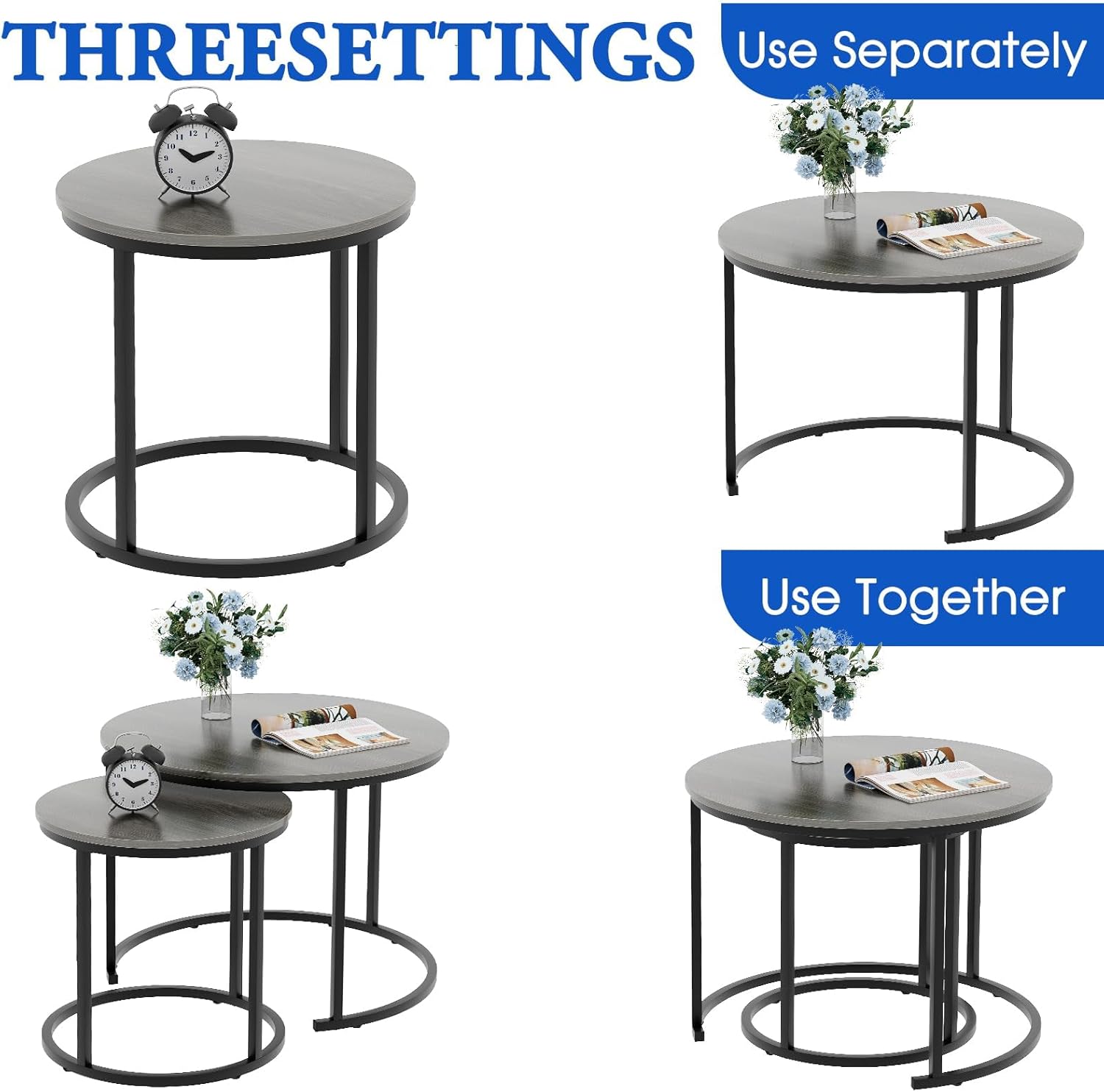 Garden 4 you Nesting Coffee Table, 23.6" Round Coffee Table Set of 2, Wooden Nesting Table Set with Metal Frame, Side Tables for Living Room Bedroom Balcony, Grey