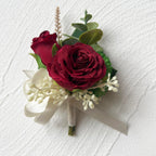MAFELOE Artificial Wrist Corsage Boutonniere Set for Groom Bride Groomsmen Bridesmaids, Corsage Wristband Men Boutonniere Wedding Party Prom Suit Decorations - Burgundy 2Pcs