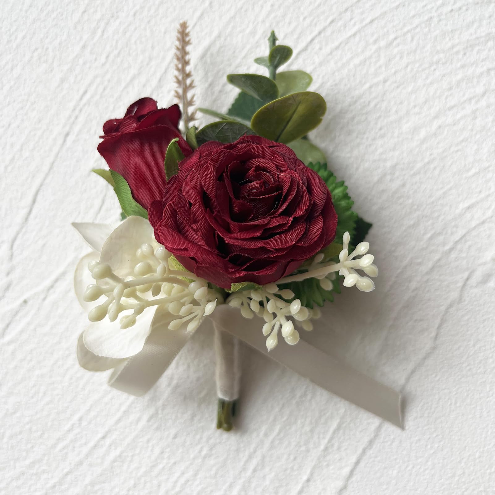 ست گل مچ مصنوعی MAFELOE برای داماد، عروس، ساقدوش‌ها، مچ‌بند گل مردانه، گل یقه برای مهمانی عروسی، جشن فارغ‌التحصیلی، تزئینات کت - بورگاندی ۲ عدد