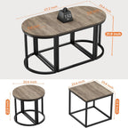 GreenForest Coffee Table Oval 3pcs Set, Modern Living Room Table with 2 End Tables, Small Center Table with Metal Frame for Home Apartment, Gray Wash