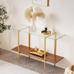 Round Coffee Table, Mid-Century Modern Design, D30 x H17, for Living Room, 2-Tier Structure, Amber Glass Top and Walnut MDF Shelf, Sleek Conical Metal Legs with Gold Finish