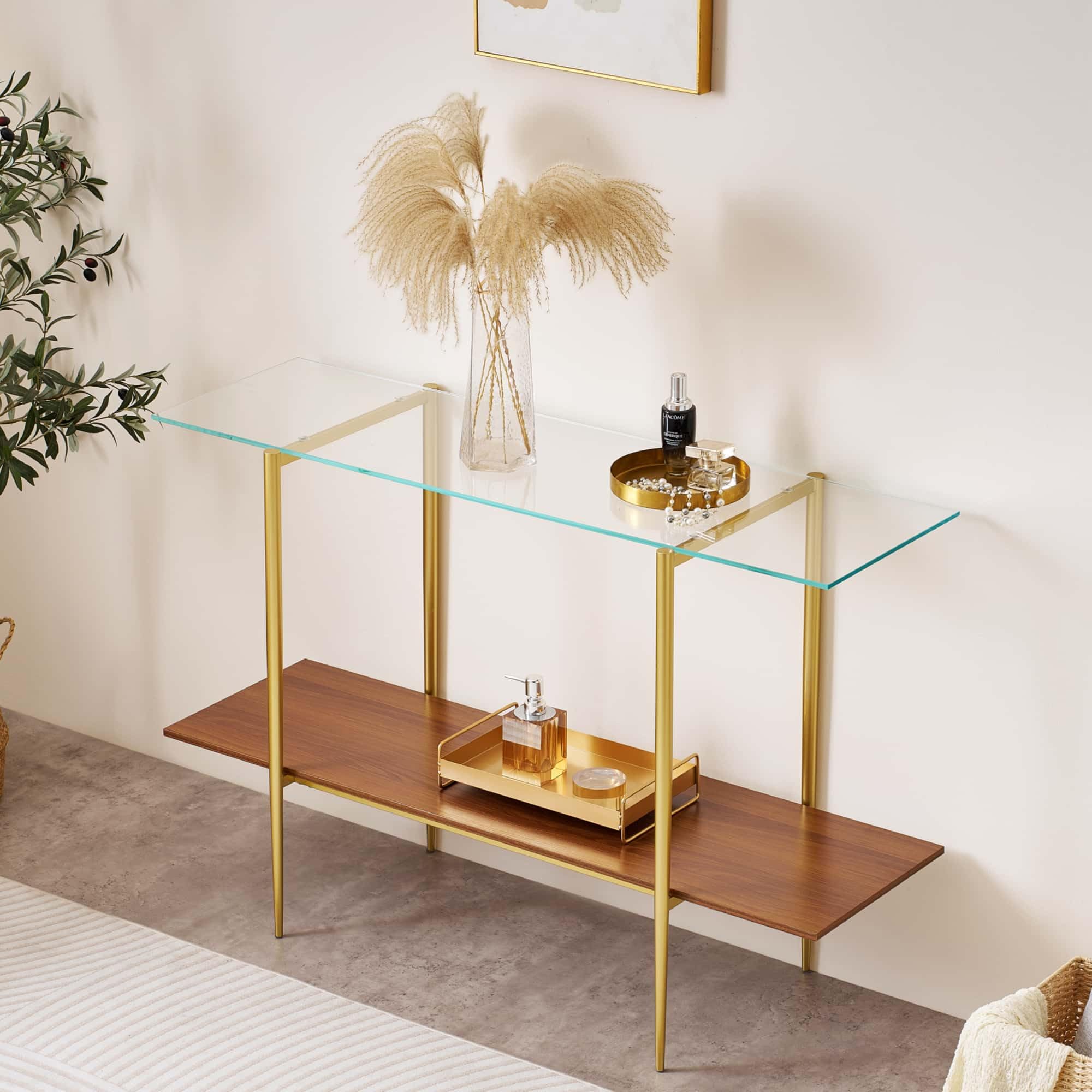 Extra Large Round Coffee Table, Mid-Century Modern Design, D34 x H17 in, for Living Room, 2-Tier Structure, Amber Glass Top and Walnut MDF Shelf, Sleek Conical Metal Legs with Gold Finish