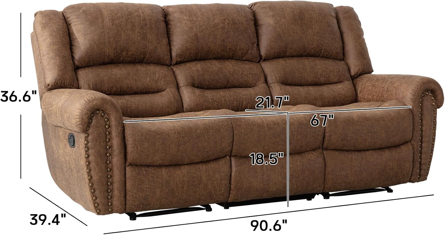 Faux Leather Reclining Sofa, 3 Seater Recliner Sofa Chair, Manual Reclining Couch Set for Living Room, Home Furniture Set, for Meeting Room, Brown (3 Seat Sofa)