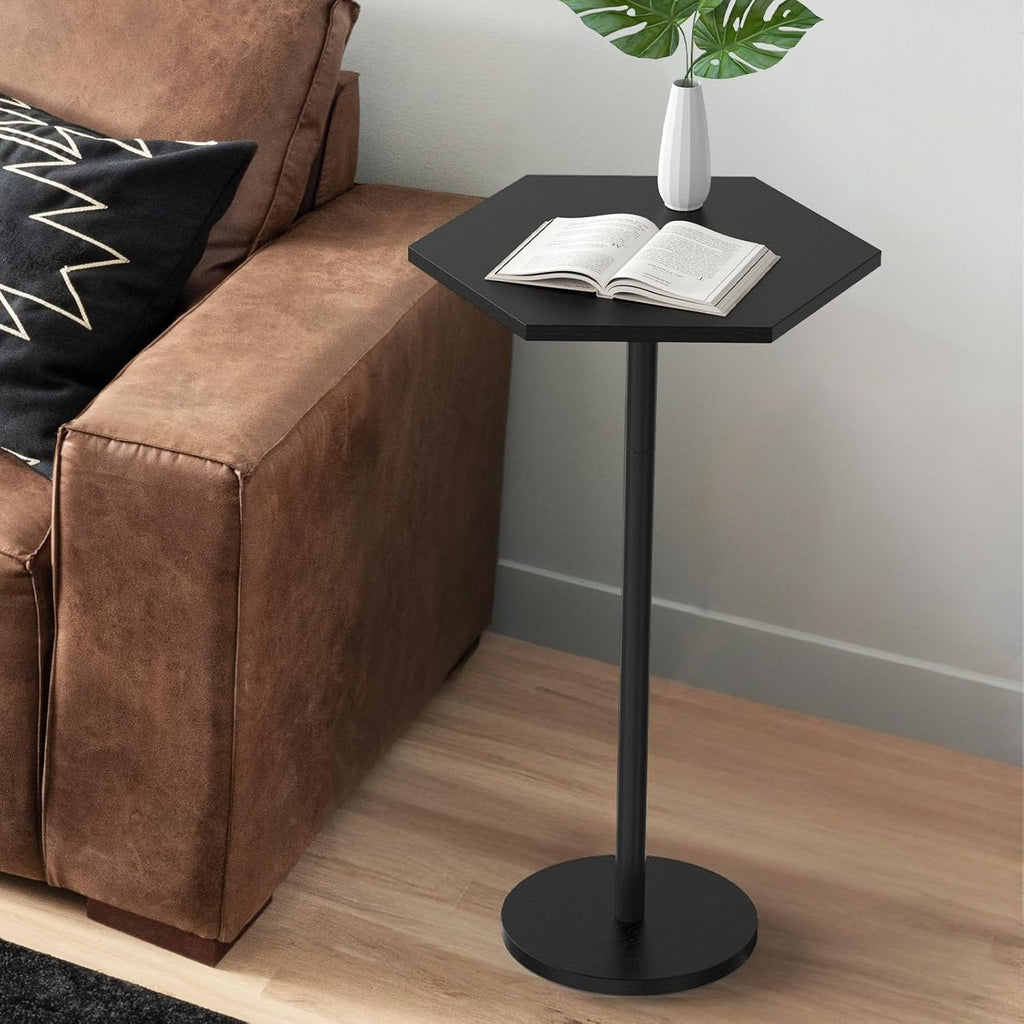 Drink Tables for Small Spaces, Black Pedestal Side Table for Couch, Modern Cocktail Martini Table, Hexagon Small Pedestal Coffee End Table for Living Room Bedroom Patio