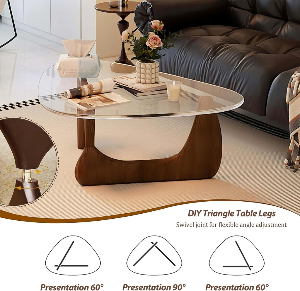 Modern Glass Coffee Table, 32.3″D×25.6″W×15.8″H-Abstract Unique Mid Century Triangle Center Table for Living Room, Minimalist Middle Tables for Home Office, Wooden Base