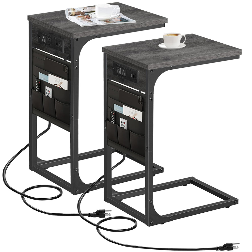 TUTOTAK C Shaped End Table with Charging Station, Side Table for Sofa, Couch Table with Storage Bag, TV Tray with 2 USB Ports and Outlets for Living Room, Bedroom, Brown TB01BB024