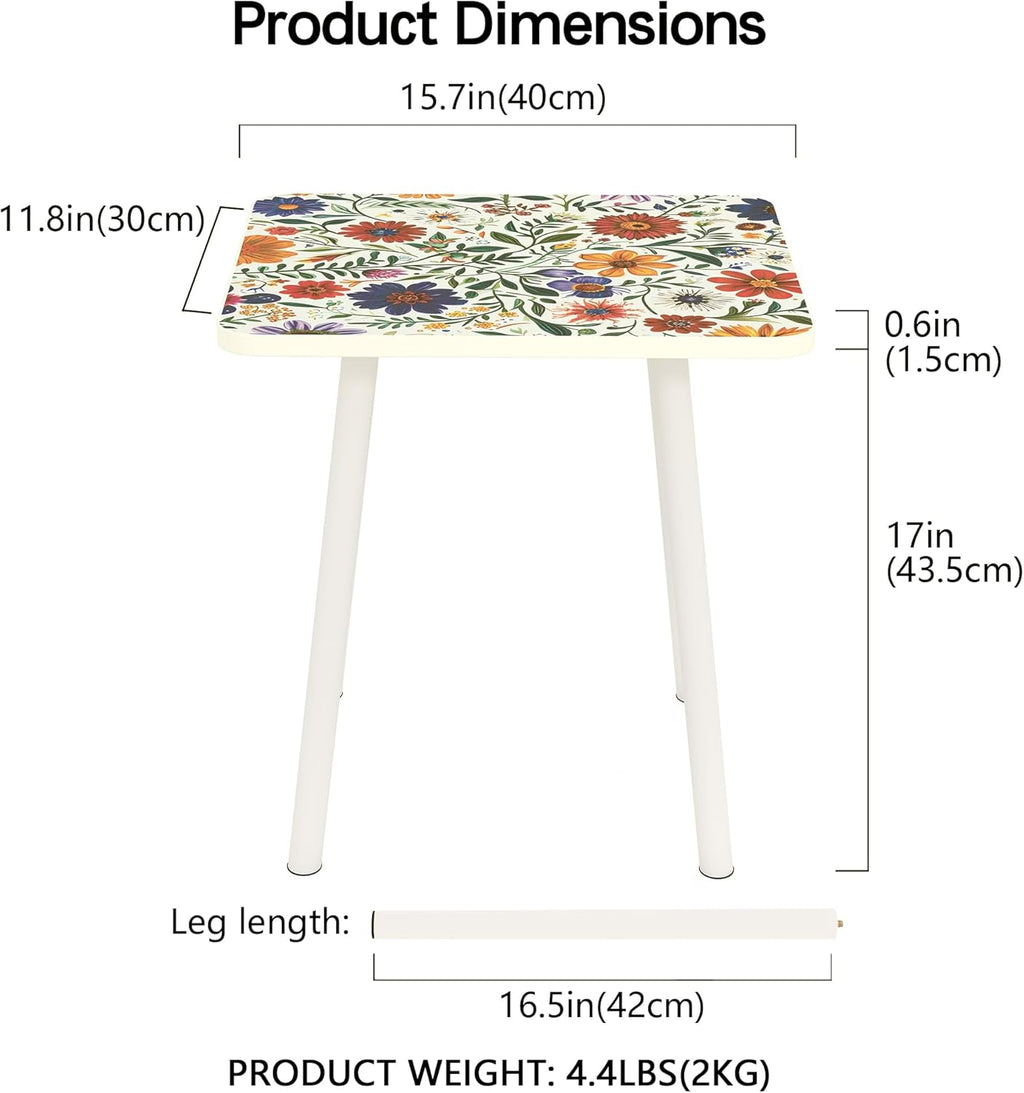 Mandala Small Rectangle End Table, Side Table with Black Flowers Finish, Retro Modern Small Coffee Table for Balcony, Living Room(11.8" D x 15.7" W x 17" H, White, Rectangle)