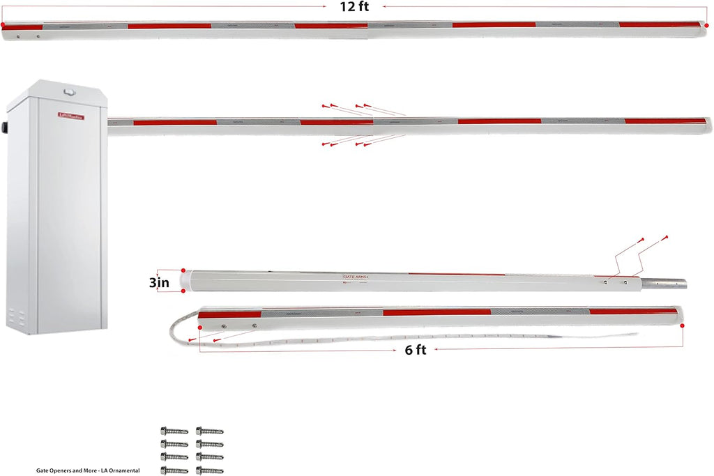 Parking Barrier Arm with pole, LED, and Wiring harness Complete Kit 15ft Driveway Area 17ft Overall 2 pieces of 8.5ft each Aluminum Round Replacement Red/Silver Stripes DOT-C2 Reflective Safety Tape