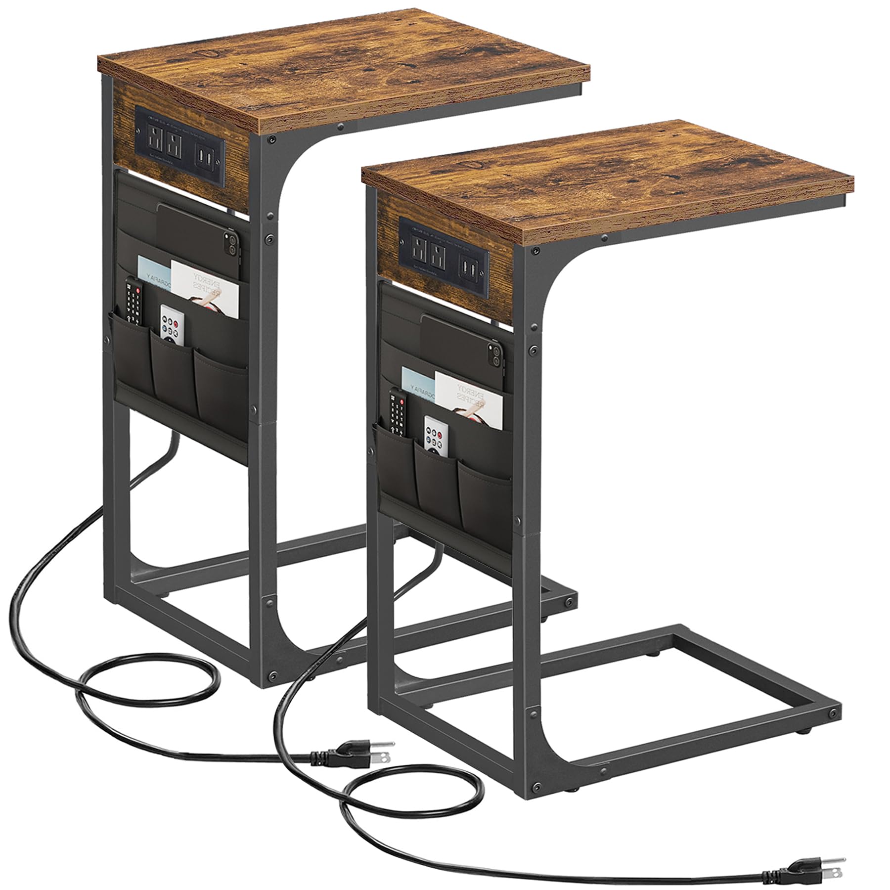 TUTOTAK C Shaped End Table with Charging Station, Side Table for Sofa, Couch Table with Storage Bag, TV Tray with 2 USB Ports and Outlets for Living Room, Bedroom, Brown TB01BB024