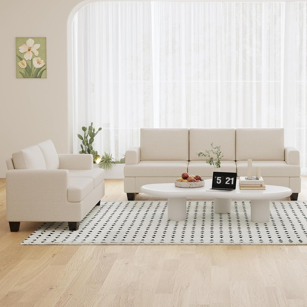Furnimart Deep Seat Sectional Sofa Set, Modern 3 Seater Couch and Loveseat Sets, Cream Couches Set of 2 for Living Room, Comfy Fluffy Couch with Removable Sofa Cover, Beige Linen