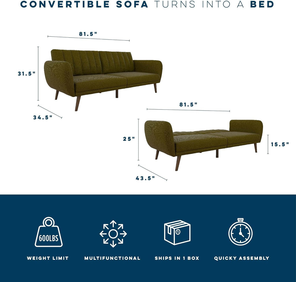 Novogratz Brittany 82 Inch Futon Sofa Bed in Faux Leather, Upholstered Couch Sleeper with Tufted Back, Mid-Century Modern Design, Green