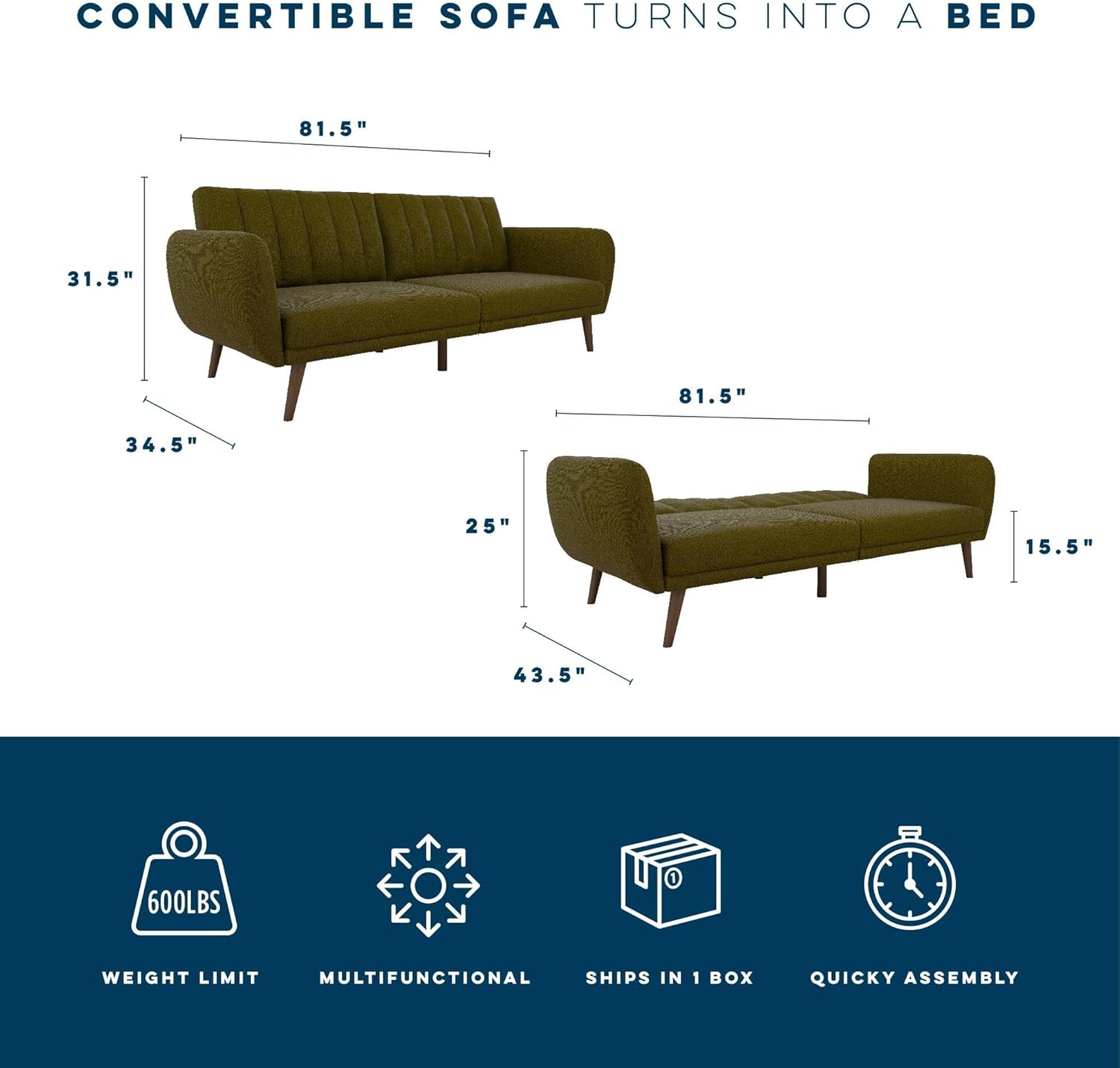 Novogratz Brittany 82 Inch Futon Sofa Bed in Faux Leather, Upholstered Couch Sleeper with Tufted Back, Mid-Century Modern Design, Green