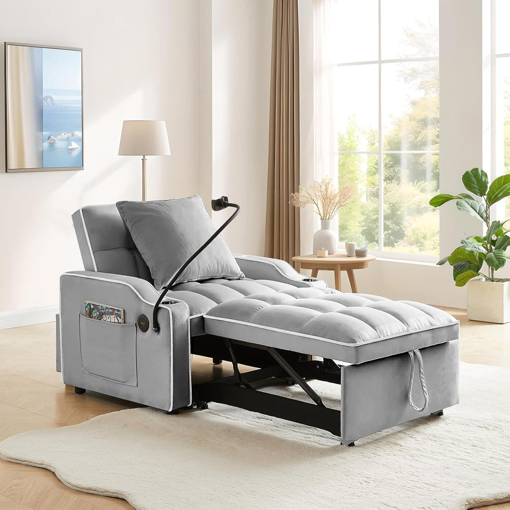 Convertible Single Sleeper Chair Bed,3 in 1 Velvet Futon Sleeper Sofa Bed with Phone Holder&USB Ports,Pull Out Couch Bed,Adjustable Recliner Armchair bed for Living Room,Office,Small Places(Grey)