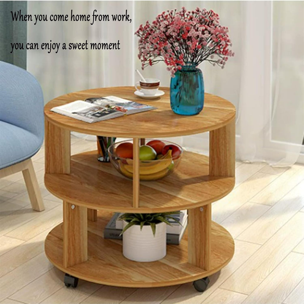 RNE Coffee Table with Wheels,Round Side Table with 2-Tier Storage Shelf,End Table Easy Assembly,Cocktail Table for Home Office
