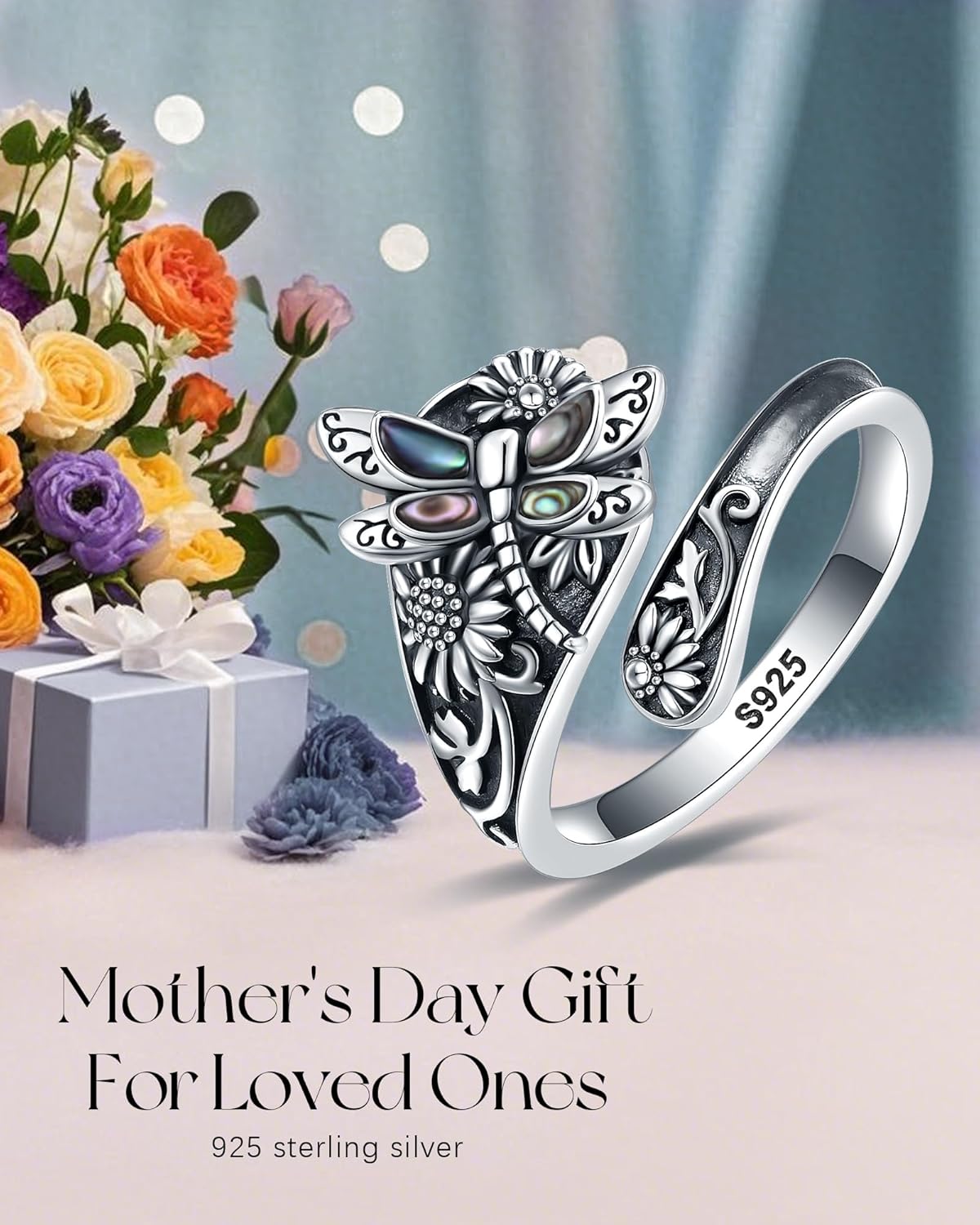 S925-Sterling-Silver Turquoise Dragonfly/Butterfly Spoon Ring - Vintage Boho Sunflower Thumb Rings Oxidized Wrap Ring Victorian Style Antique Floral Jewelry Gifts for Women