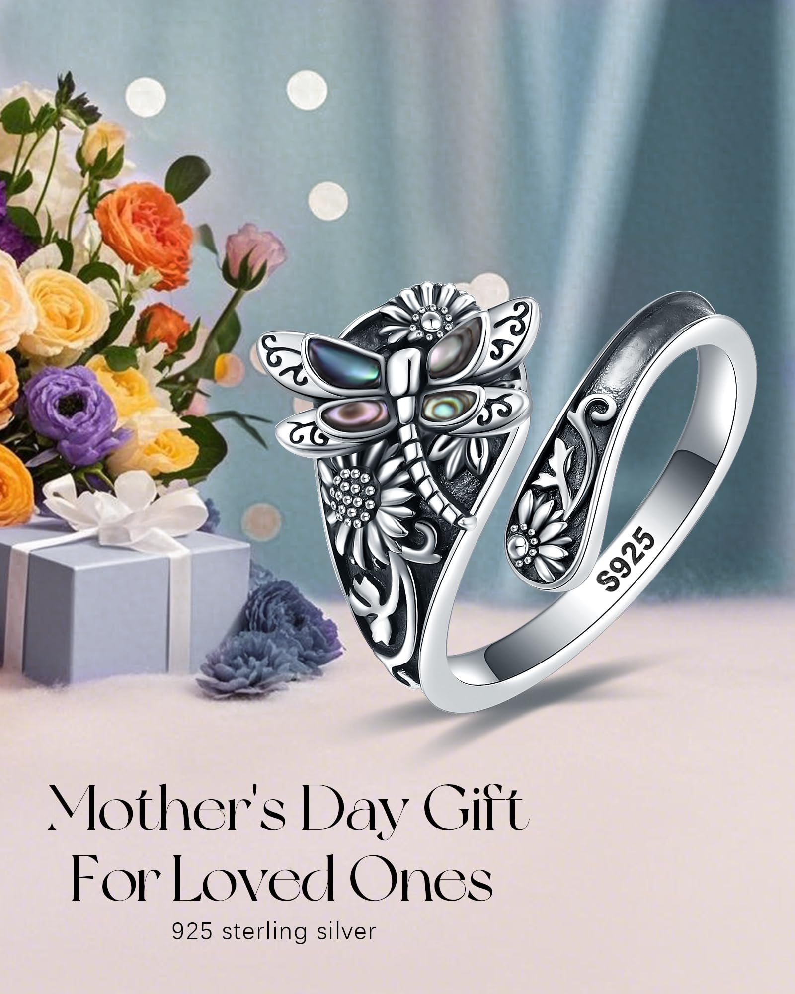 S925-Sterling-Silver Turquoise Dragonfly/Butterfly Spoon Ring - Vintage Boho Sunflower Thumb Rings Oxidized Wrap Ring Victorian Style Antique Floral Jewelry Gifts for Women