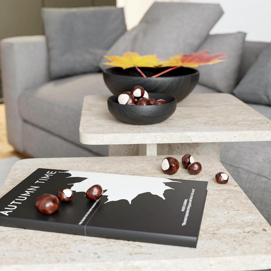 Travertine Efect Square Nesting Table Set of 2 Modern Coffee Table Small Side Table End Table for Living Room