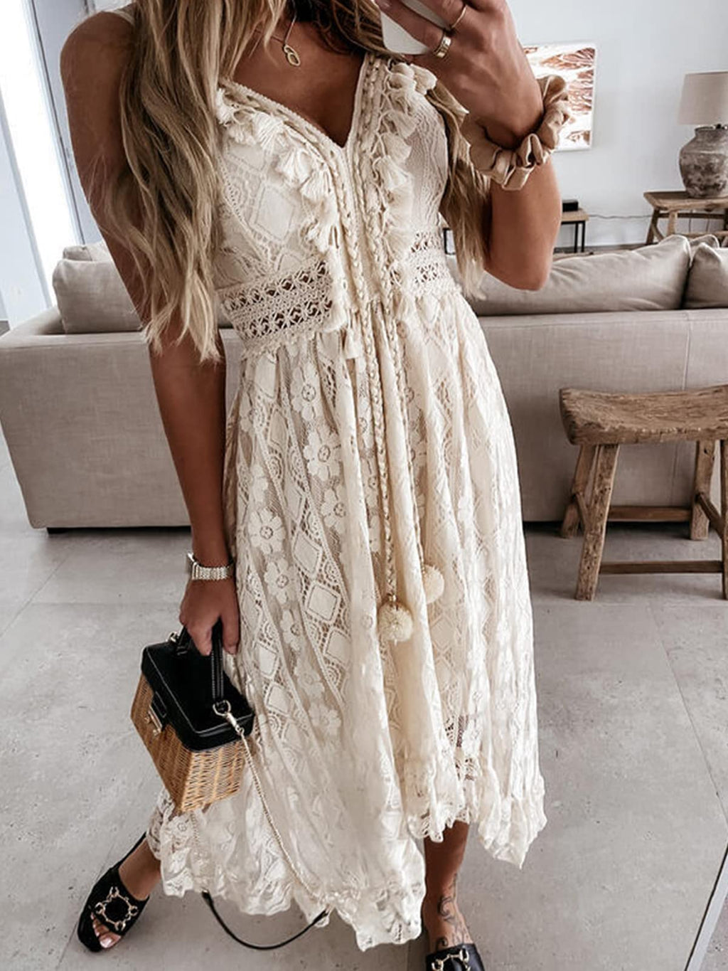 CUPSHE Women's Summer Dresses Sleeveless Lace Casual Tassel Beach Spaghetti Straps Plus Size Maxi Sun Dress White, XXL