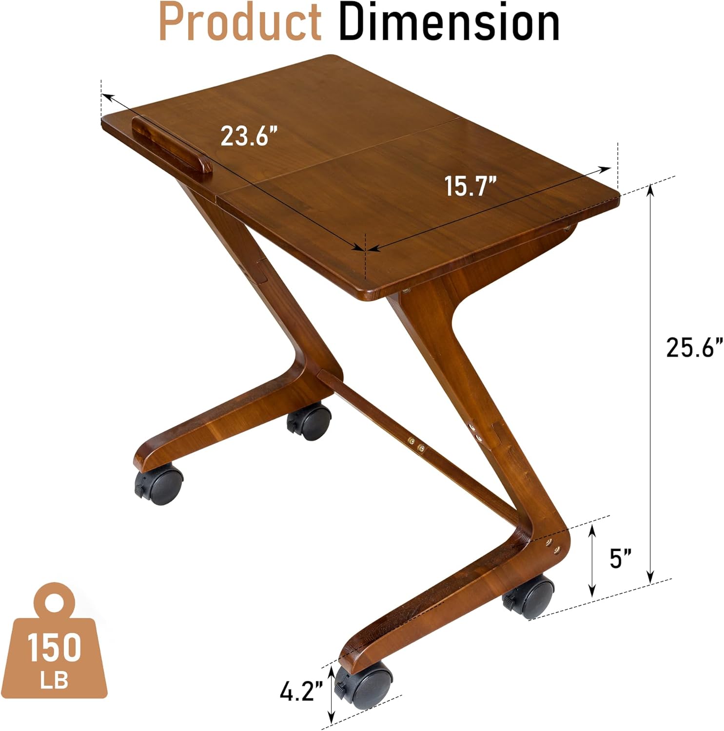 TV Tray Table with Casters, Solid Rubberwood End Tables, Sofa Side Table Couch Table Laptop Desk Removable Snack Tray for Coffee Bed Sofa Eating Writing Reading Living Room Bedroom, Dark Walnut