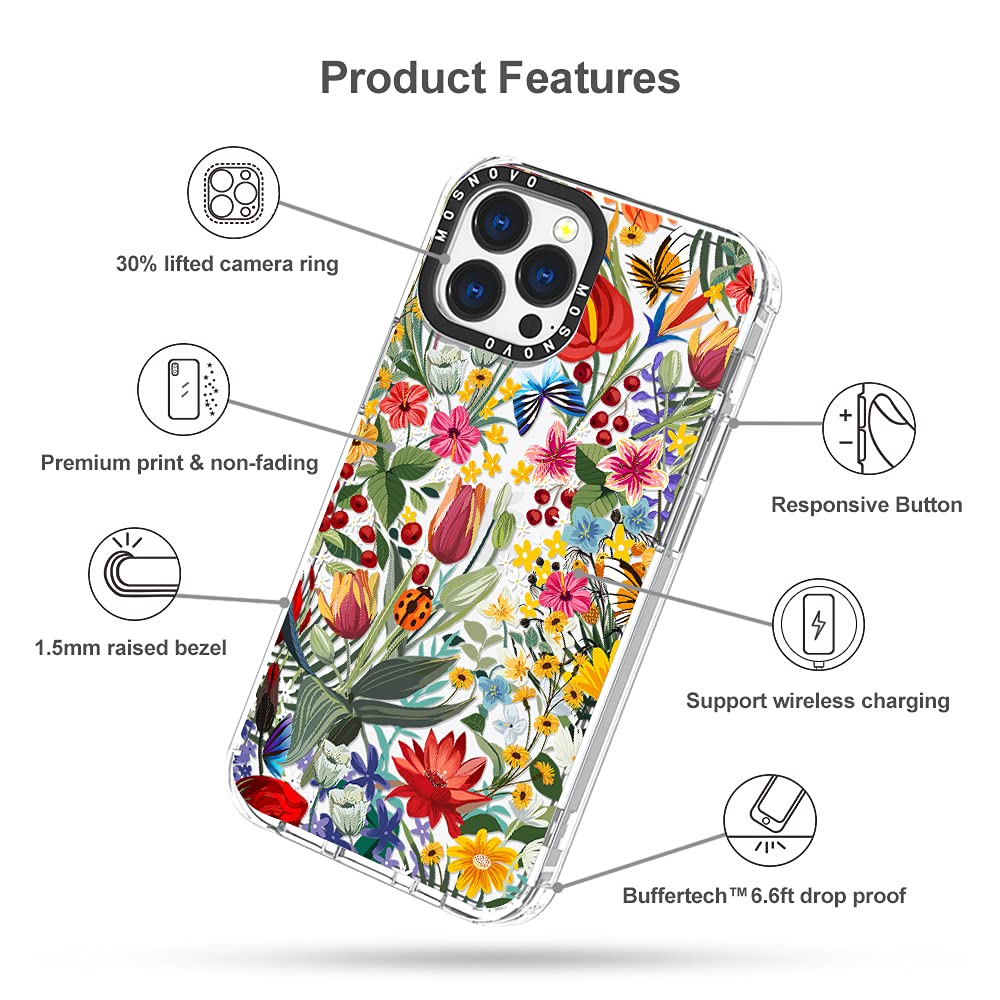 MOSNOVO Case for iPhone 13 Pro Max, [Buffertech 6.6ft Military-Grade Drop Protection] [Anti Peel Off Tech] Clear TPU Bumper Phone Case Cover Design - in The Garden