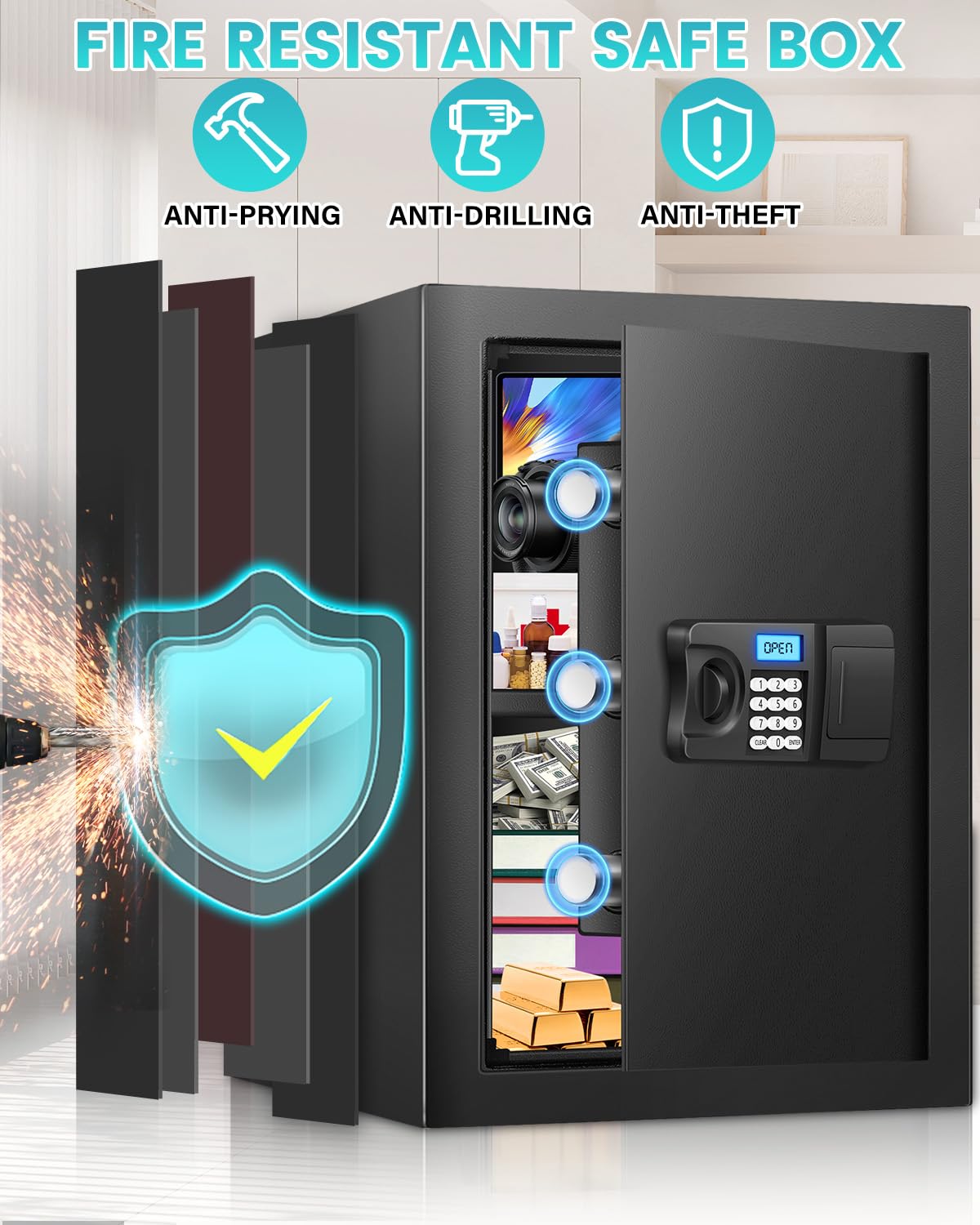 2.6 Cuft Home Safe Box With Fireproof Waterproof Bag, Backlight Programmable Keypad, Smart Alert, Security Digital Office Safe Box For Business Money Jewelry Valuables