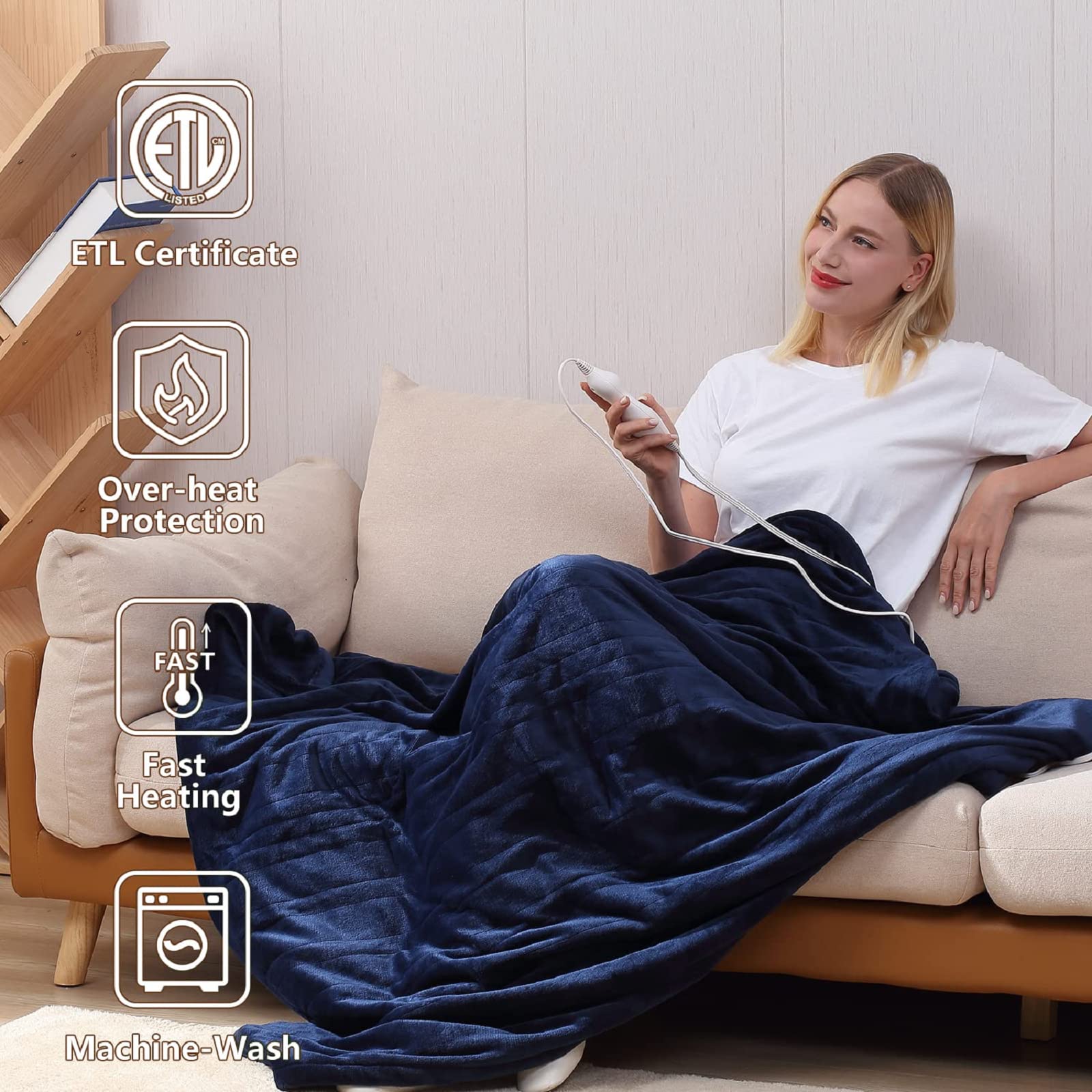 Manta Elétrica Tefici, Super Aconchegante e Macia, Flanela de 2 Camadas 50" x 60", Manta Aquecida com 3 Níveis de Aquecimento e Desligamento Automático em 4 Horas, Lavável na Máquina, Certificada ETL e FCC, Uso Residencial e Escritório, Cor Camelo