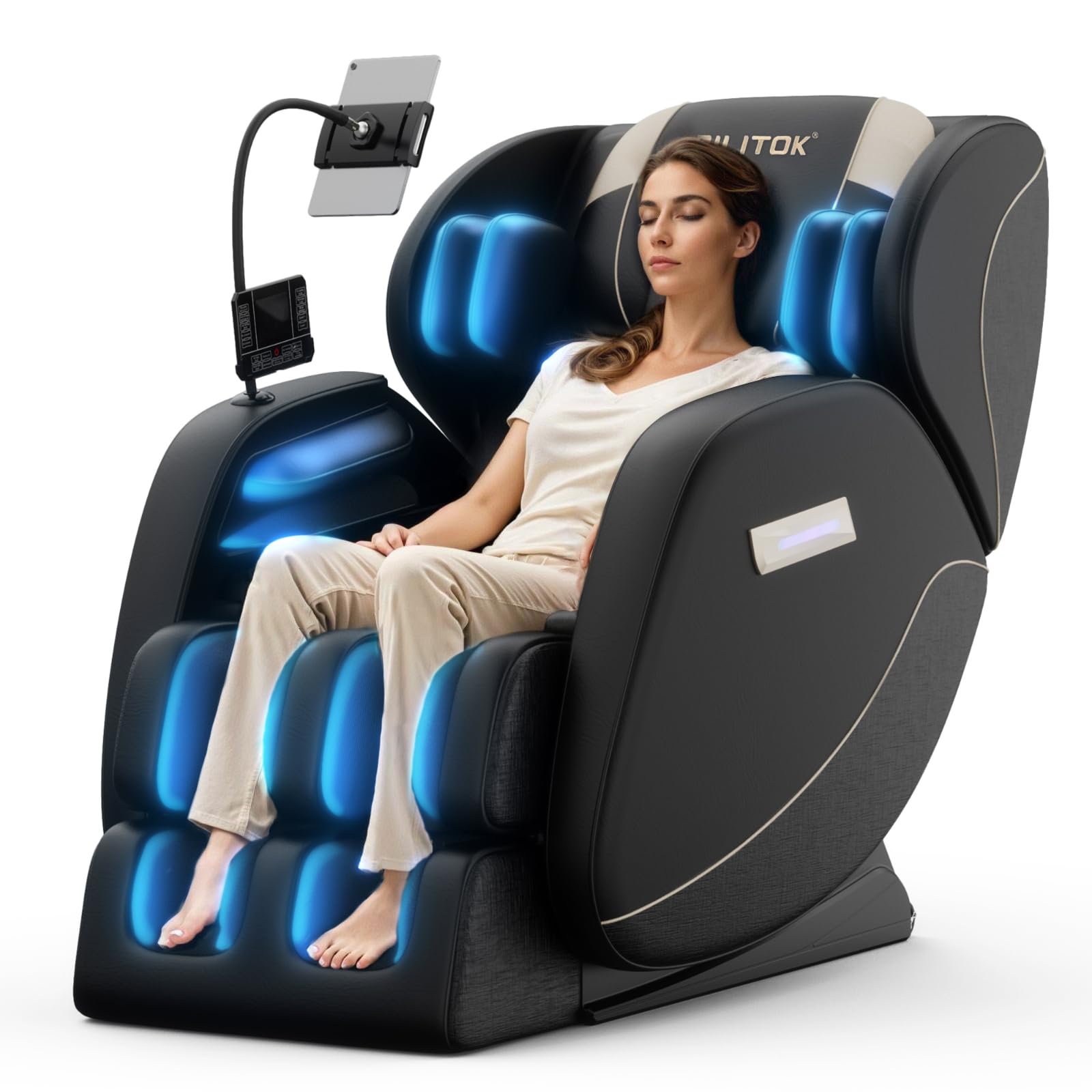 Massage Chair Full Body, Zero Gravity Massage Chair with Auto Modes, Airbag Massage, 6 Fix Point Rollers, Foot Massage, Heating, Touch Screen Controller, Home Relaxation Recliner with Massage, Black