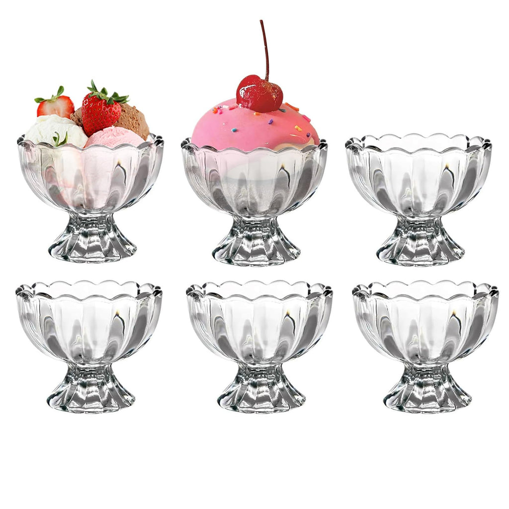 CHPINDAM Vintage Glass Dessert Bowls, Ice Cream cups, 5oz Dessert cups, for Sundae, Fruit, Ice Cream, Pudding, small snacks,Condiment (6)