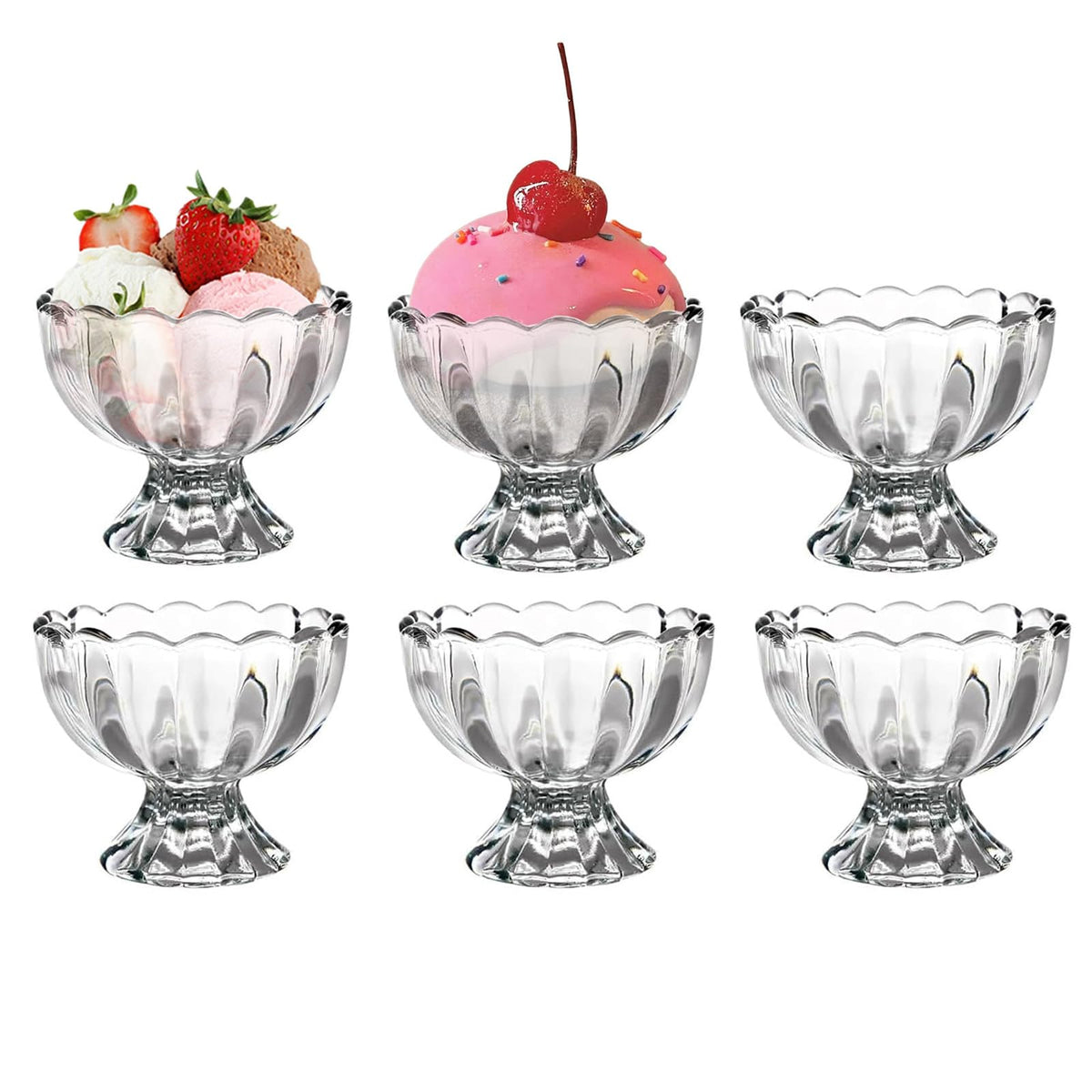 CHPINDAM Vintage Glass Dessert Bowls, Ice Cream cups, 5oz Dessert cups, for Sundae, Fruit, Ice Cream, Pudding, small snacks,Condiment (6)