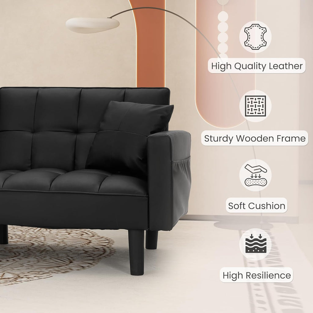 ECOTOUGE Faux Leather Futon Couch, Convertible Sofa Bed with Adjustable Back, Modern Sleeper Sofa for Living Room, Black