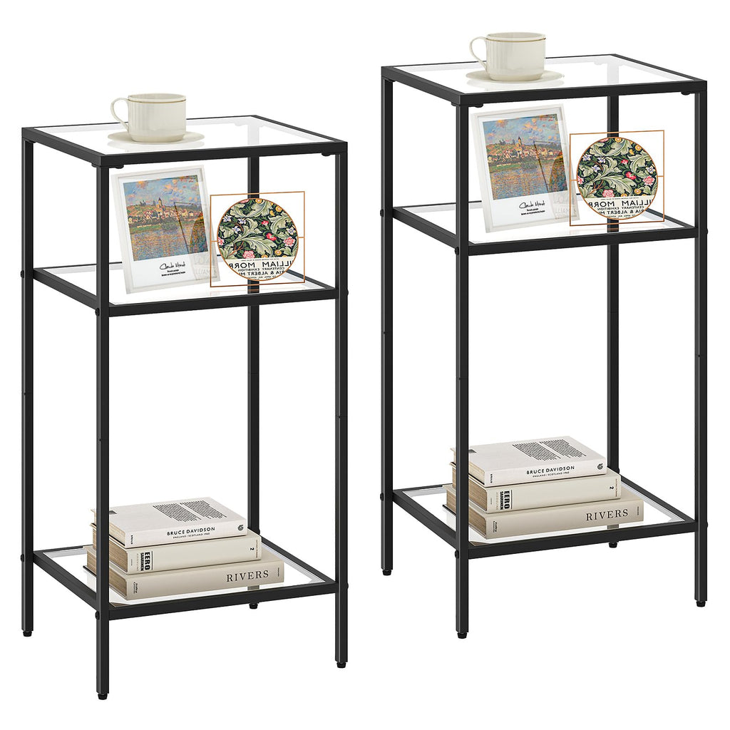 Homhedy 3-Tier Side Tables Set of 2, End Tables with Tempered Glass, Nightstands with Storage Shelves, Slim Sofa Tables for Living Room, Bedroom (2, Golden)