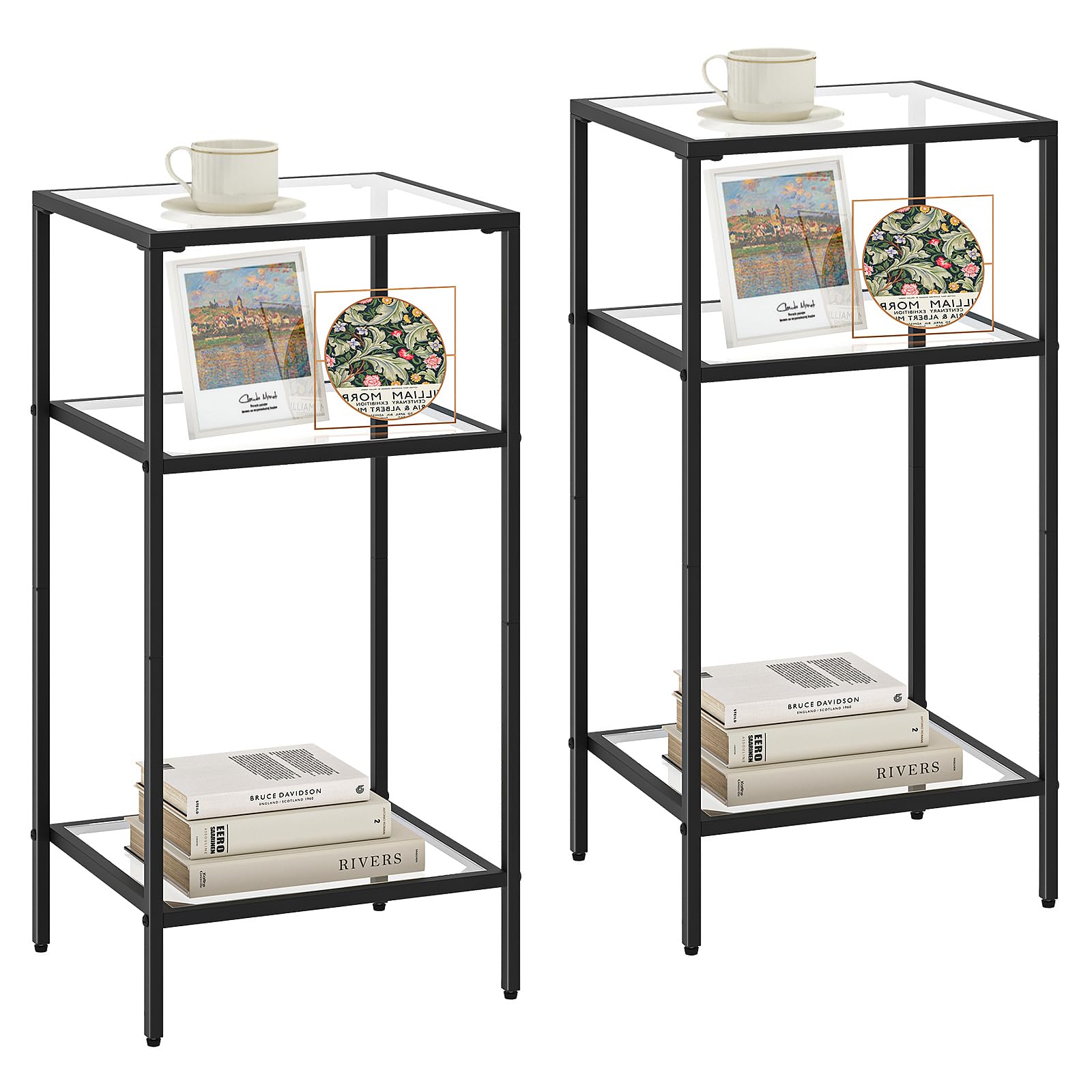 Homhedy 3-Tier Side Tables Set of 2, End Tables with Tempered Glass, Nightstands with Storage Shelves, Slim Sofa Tables for Living Room, Bedroom (2, Golden)