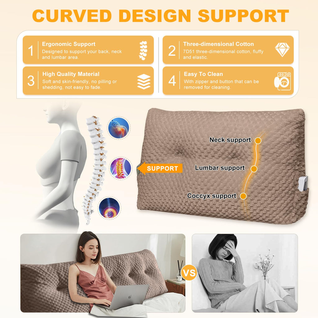 بالشتک تکیه‌گاه مثلثی بزرگ WUIOYNF نرم و حمایتی، بالشتک پشتی تکیه‌گاه تخت، بالشتک تکیه‌گاه تخت با روکش قابل جدا شدن (قهوه‌ای، خوابگاه، 24x8x20 اینچ)