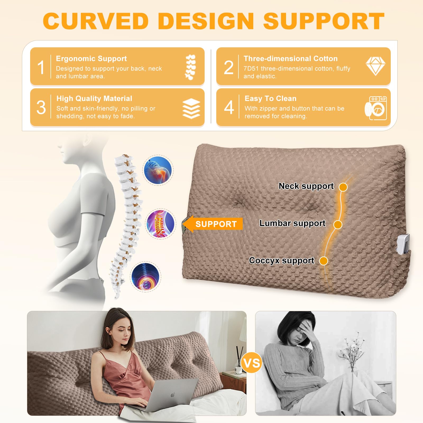 بالشتک تکیه‌گاه مثلثی بزرگ WUIOYNF نرم و حمایتی، بالشتک پشتی تکیه‌گاه تخت، بالشتک تکیه‌گاه تخت با روکش قابل جدا شدن (قهوه‌ای، خوابگاه، 24x8x20 اینچ)