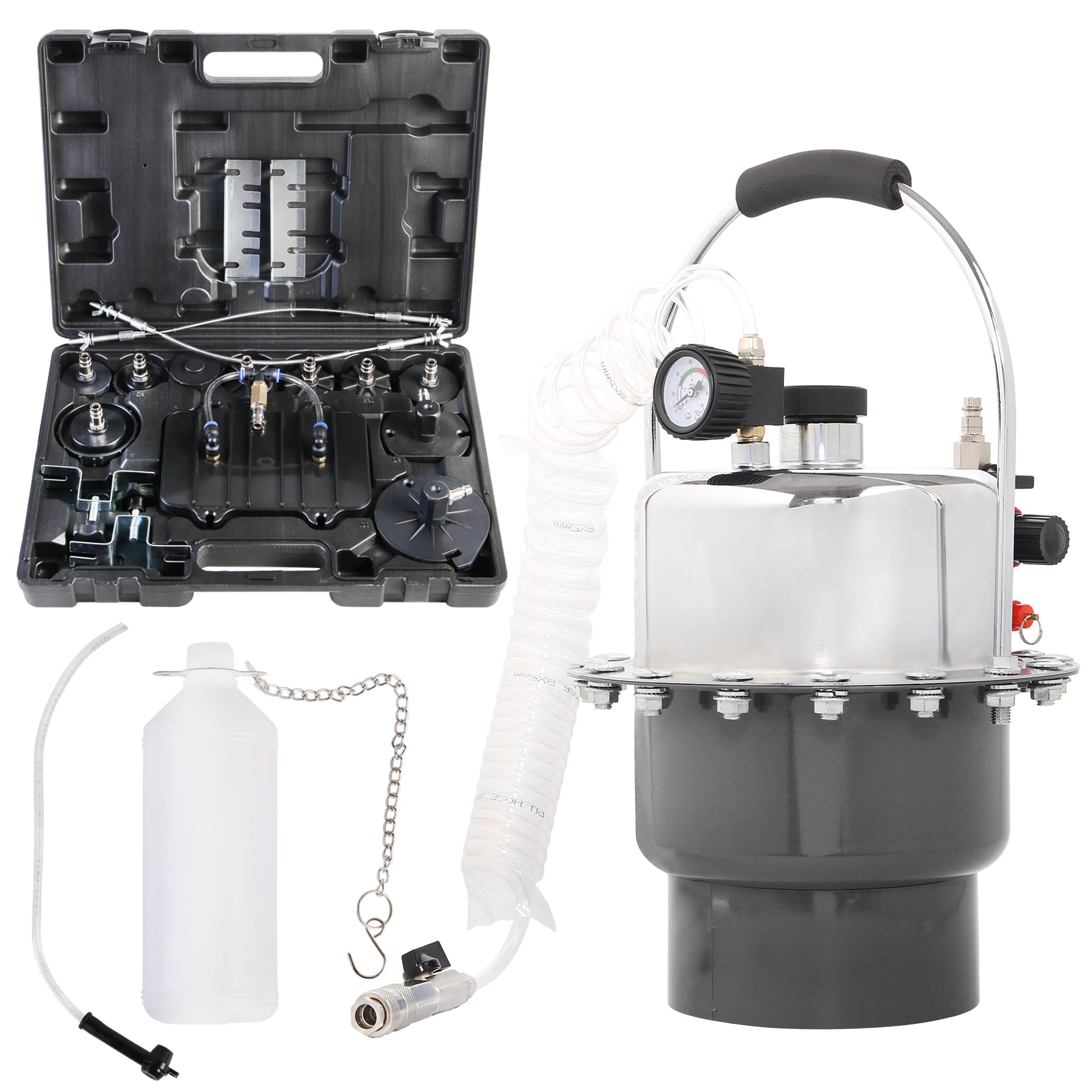 YSTOOL Brake Bleeder Kit Pneumatic Pressure Brake Clutch Fluid Bleeding Tool Set with Master Cylinder Adatpers Air Power Pressurized Oil Change Bleeder Machine and Waste Oil Collection Bottle (Red)