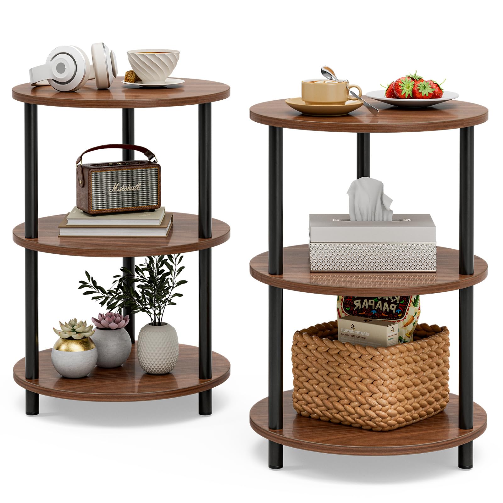 Small Round End Table - 3 Tier Design Accent Table, Narrow Side or Bedside Stand, Industrial Vintage Nightstand for Bedroom, Living Room, or Small Spaces, Rustic Brown