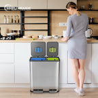Simpli-Magic 18.5 Gallon (40L x 30L) Dual Compartment Step Trash Can – Kitchen Garbage Can with Waste & Recycling Bins – Slow-Close Lid, Odor Control, Hands-Free, Stainless Steel