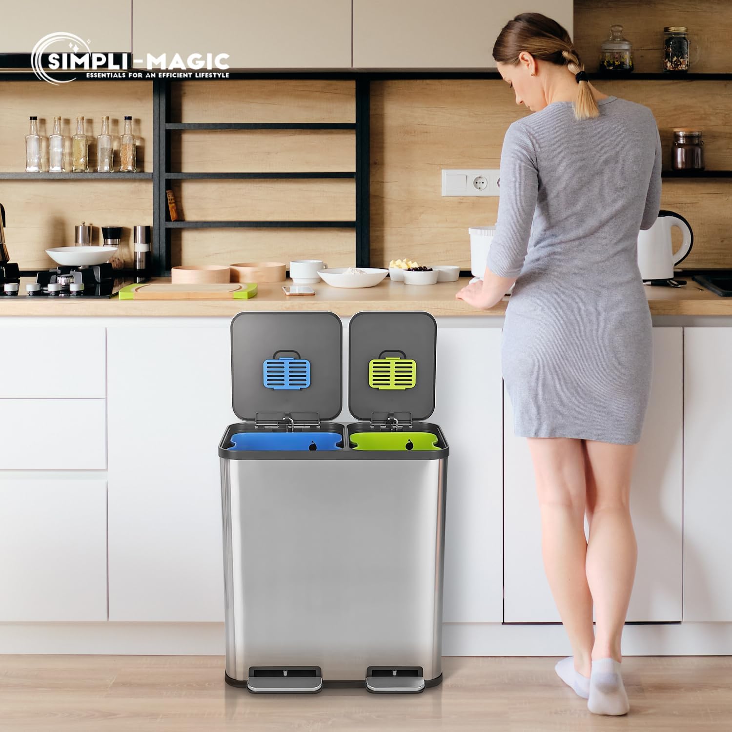 Simpli-Magic 18.5 Gallon (40L x 30L) Dual Compartment Step Trash Can – Kitchen Garbage Can with Waste & Recycling Bins – Slow-Close Lid, Odor Control, Hands-Free, Stainless Steel