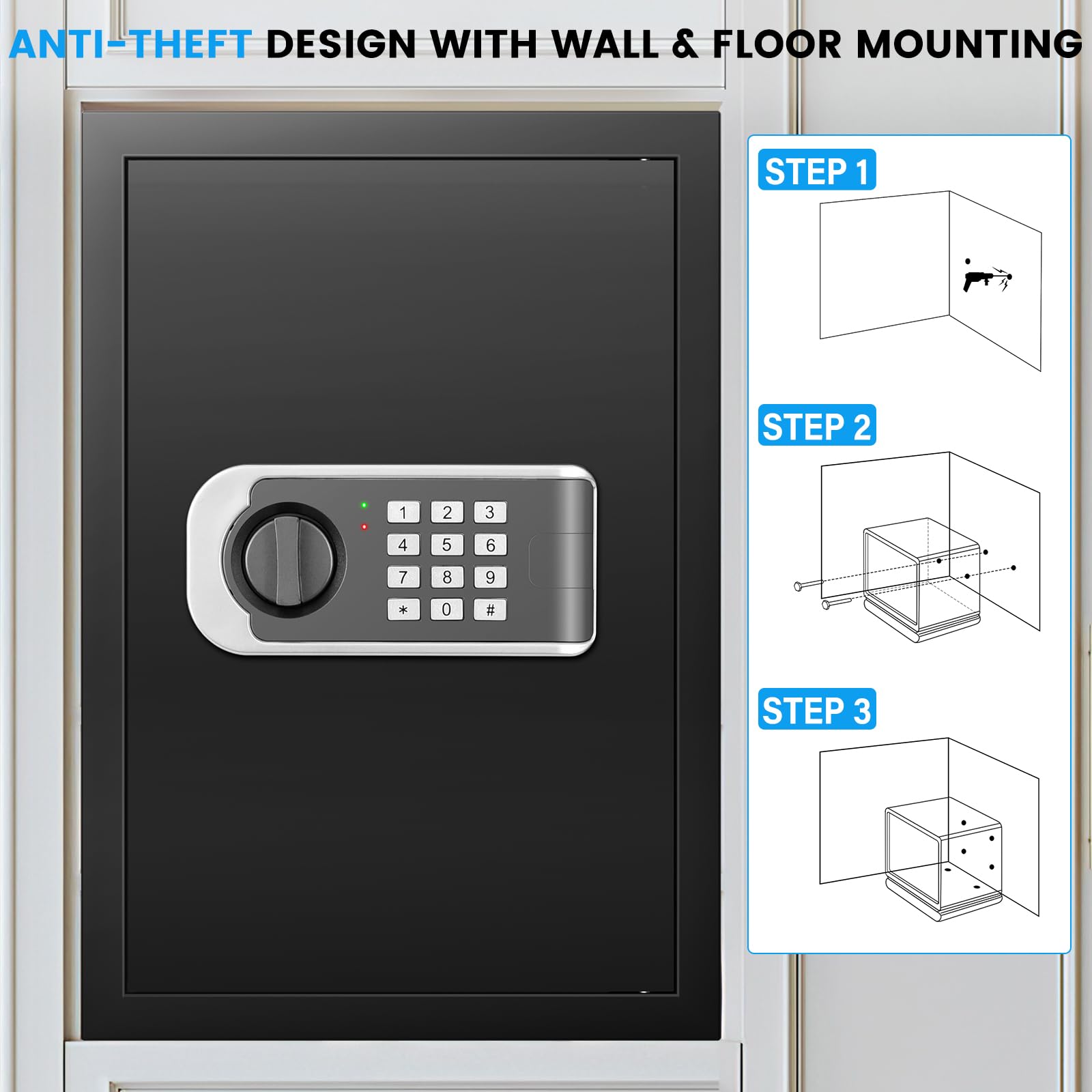 3.0 Cuft Safe Box, Home Safe Brandsikker Vandtæt, Security Digital Safe Box med elektronisk tastatur, Reservenøgle, Smart Alert, Mute Mode, Anti-Theft Brandsikker pengeskab til dokumentpenge Værdifuld