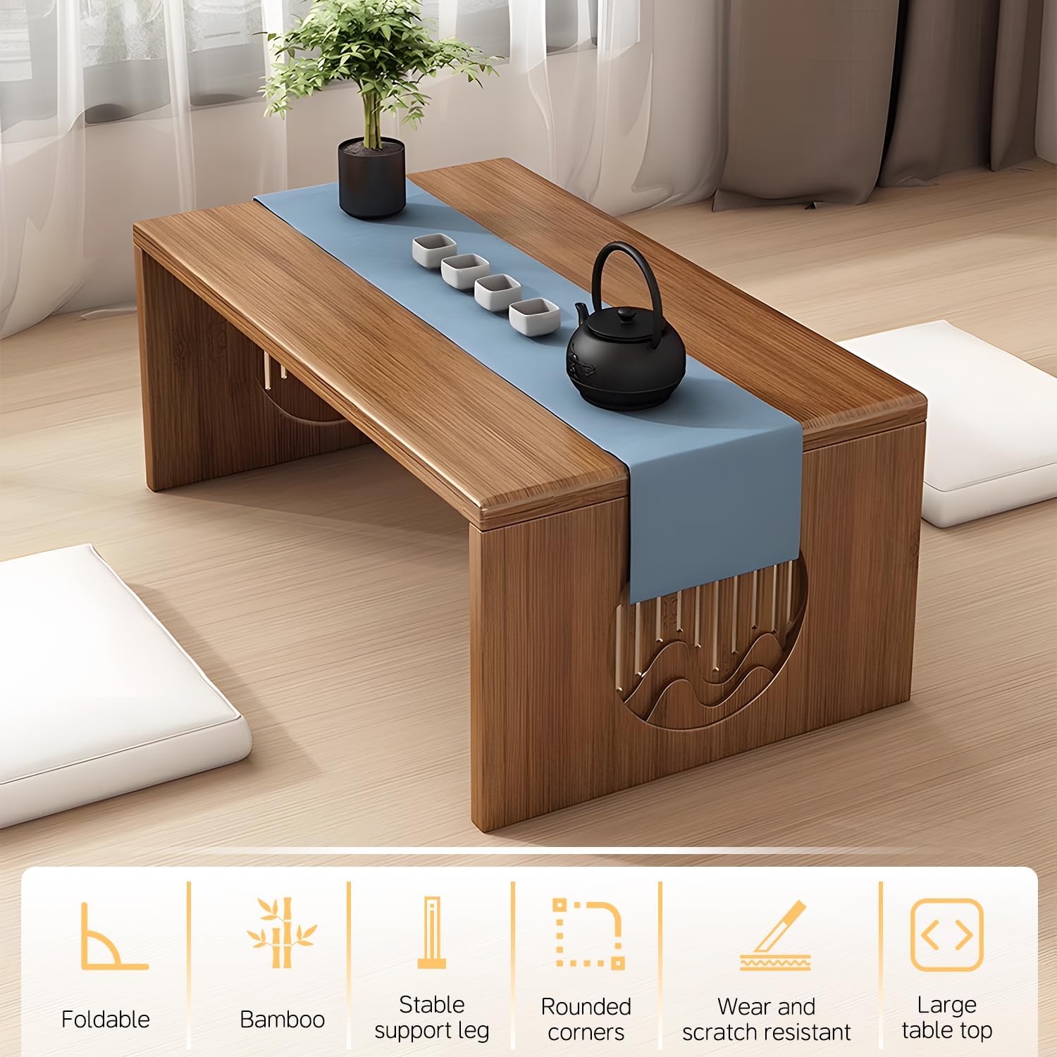 Folding Floor Coffee Table, Japanes Bamboo Foldable Tables, Portable Living Room Low Dsk, Versatile Tatami Meditation Tea Table for Dining Room, Wooden Table Desk for Home, Office (100X37CM)