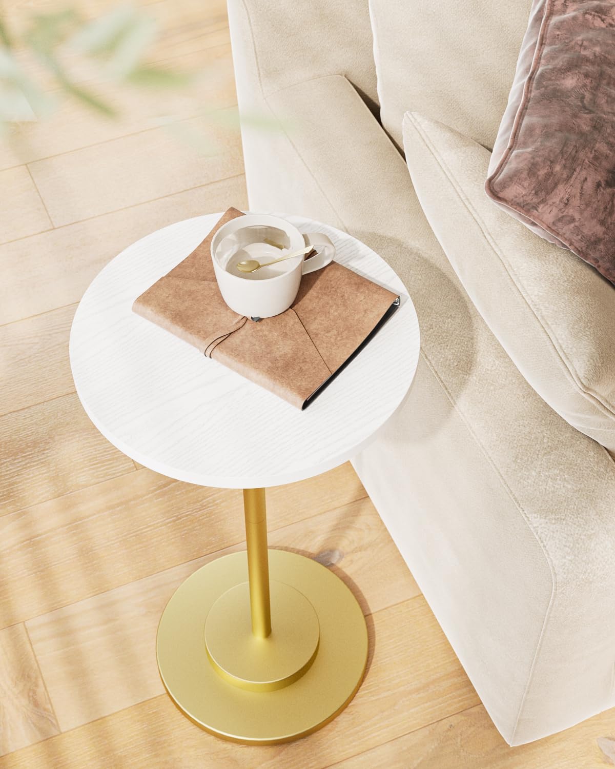 Masupu Drink Table, Round Side Table for Small Spaces, Pedestal Side Table, Small End Table with Metal Base, for Living Room, Bedroom, Bathroom, White